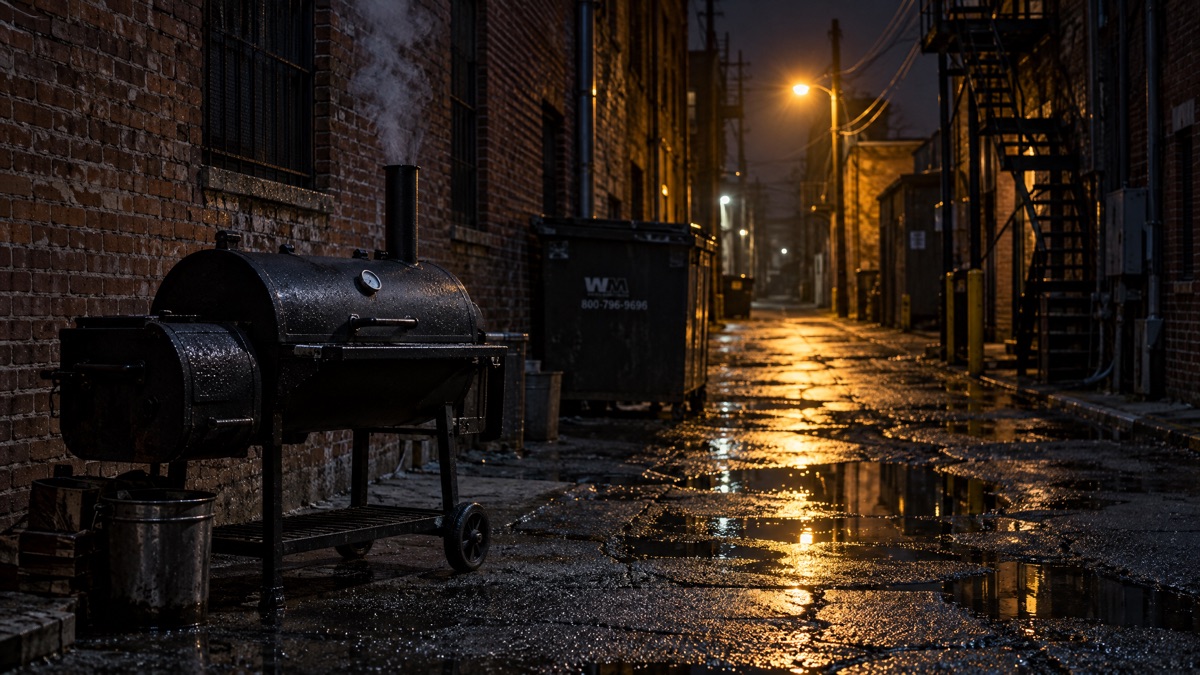 An offset smoker standing alone in a wet brick alley after midnight, smoke climbing past a streetlamp