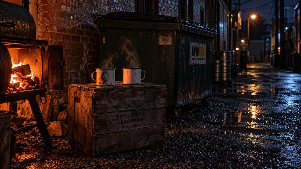 A wooden crate beside a dumpster in the alley with two enamel mugs on it, firebox light on the wet gravel