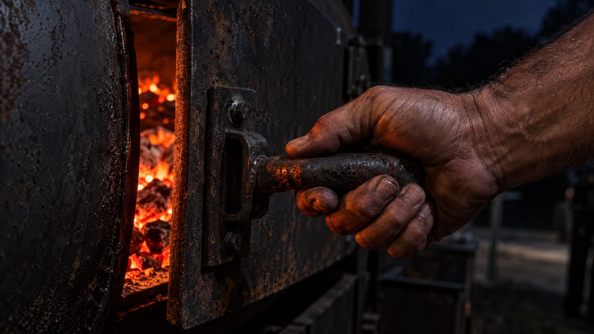 A hand on the iron latch of a smoker firebox door, coals glowing through the gap