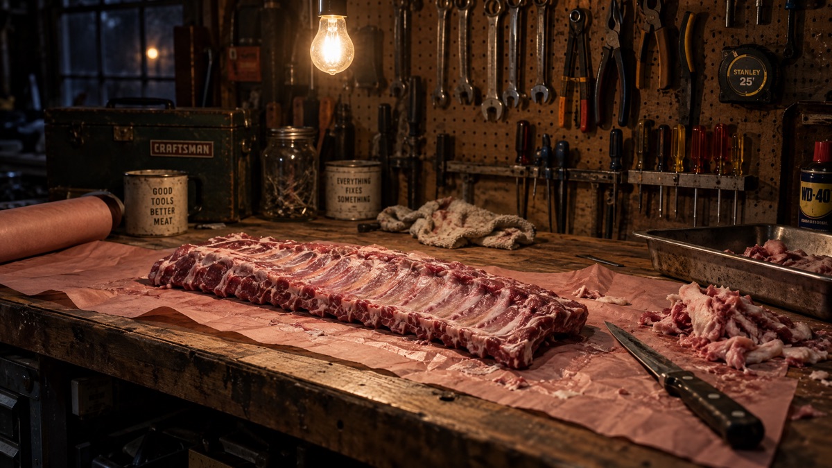 A workshop bench under a bare bulb with a trimmed rack of ribs on butcher paper and a boning knife beside it