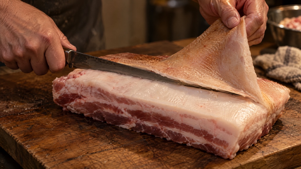 Hands peeling the skin off a slab of pork belly in one sheet with a boning knife