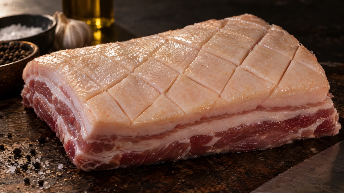 A knife scoring a crosshatch pattern into the fat cap of a raw pork belly