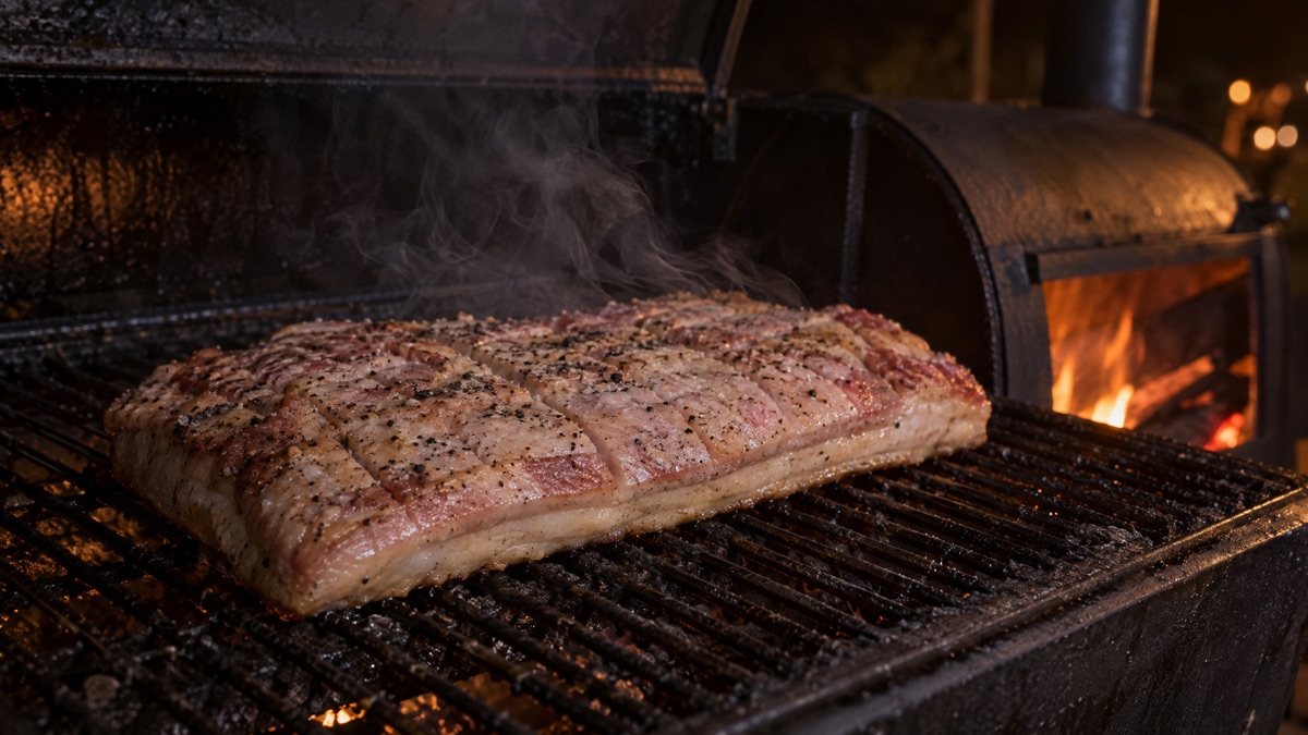 A slab of pork belly sitting fat side down on a smoker grate