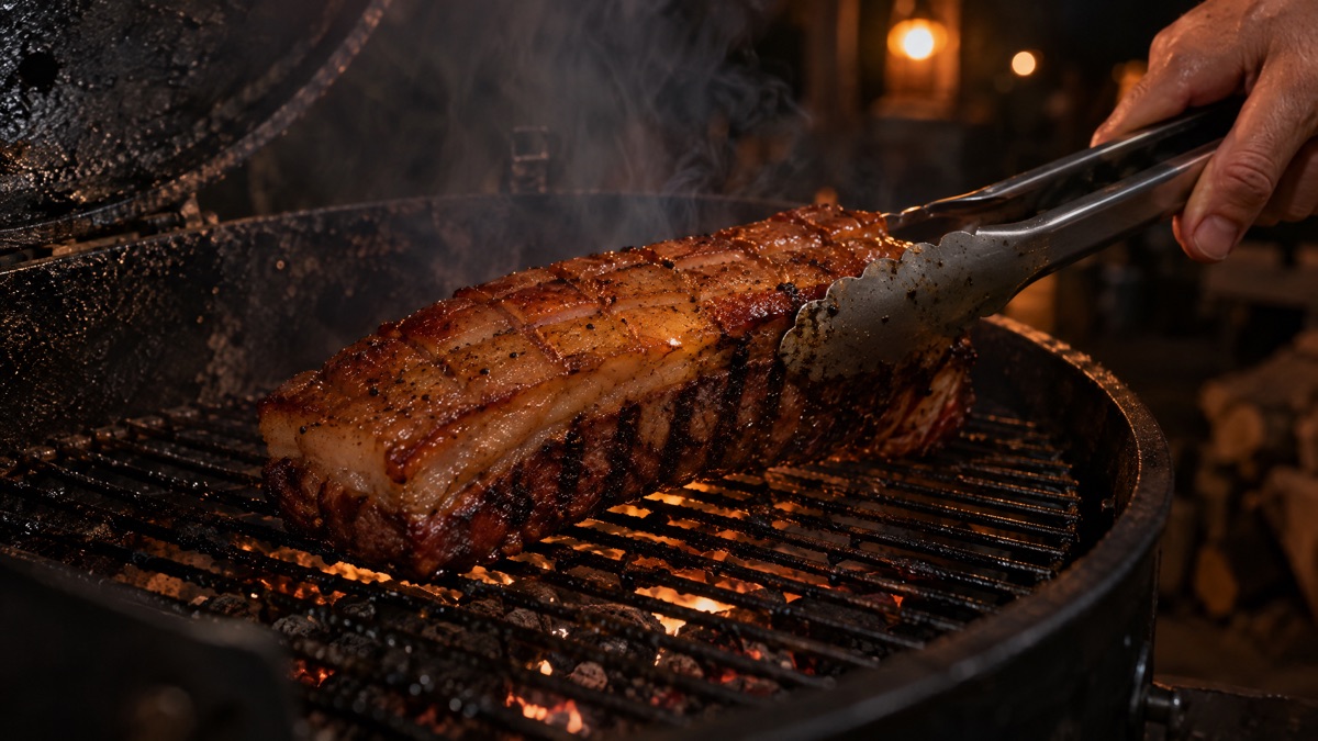 Gloved hands flipping a pork belly fat side up on a smoker grate
