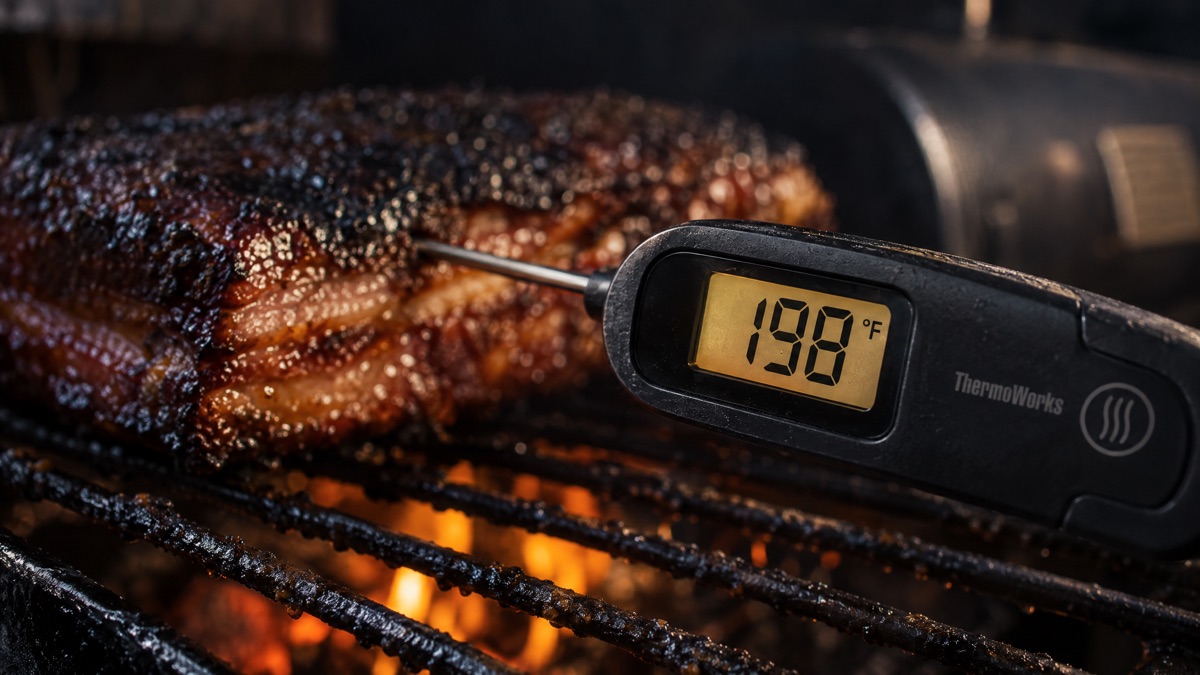 An instant-read thermometer in smoked pork belly reading 198 degrees