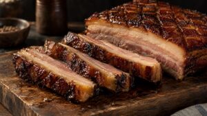 Thick slices of smoked pork belly on a wooden cutting board