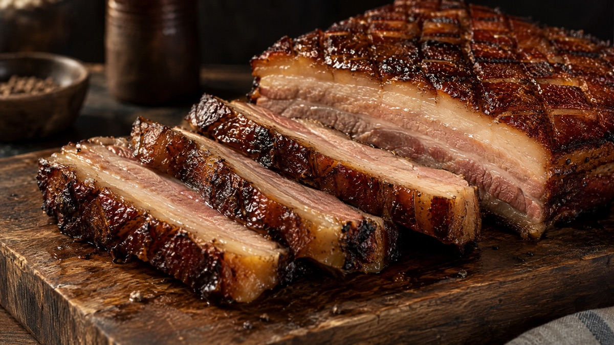 Thick slices of smoked pork belly on a wooden cutting board
