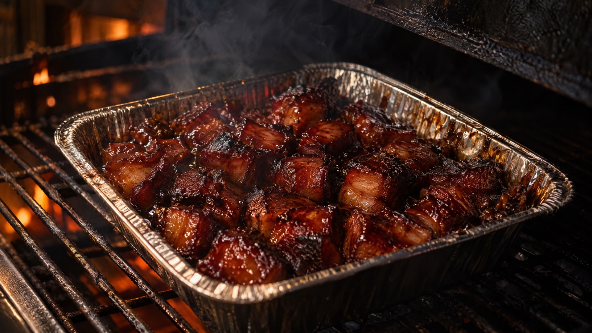 Cubed pork belly burnt ends tossed in sauce in a foil pan
