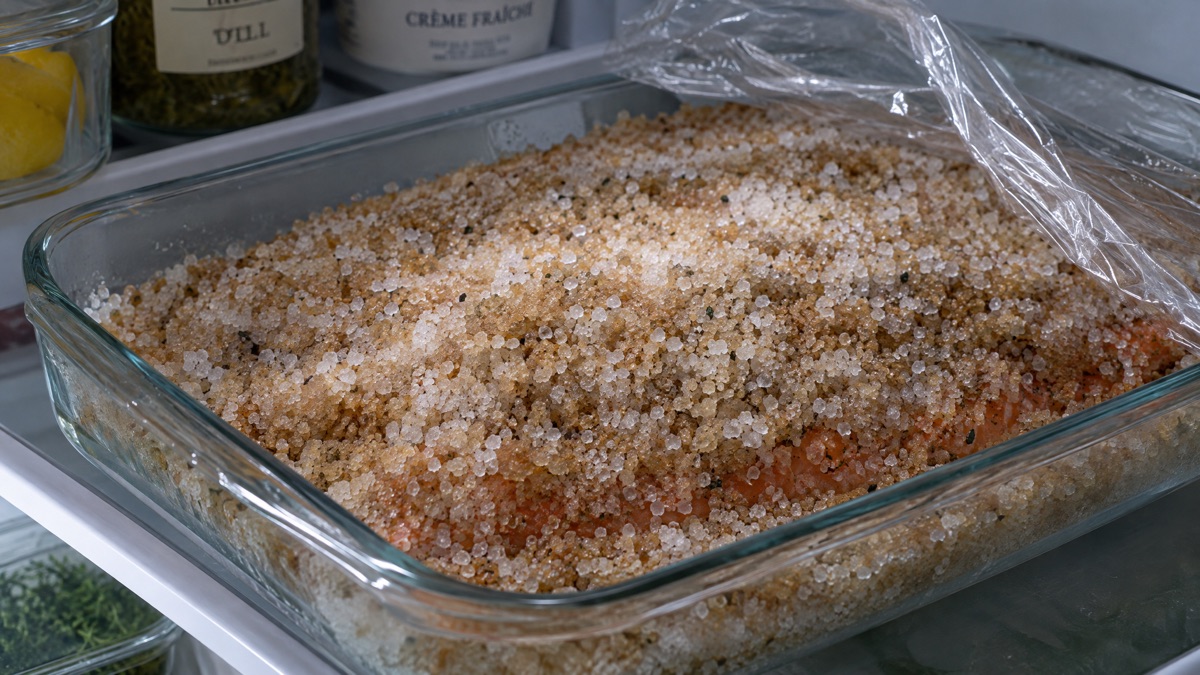 A salmon fillet buried in a salt and sugar dry cure in a shallow dish