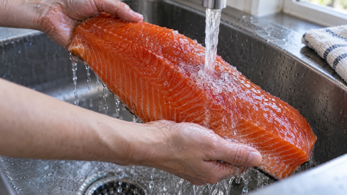 Hands patting a rinsed salmon fillet dry with a paper towel