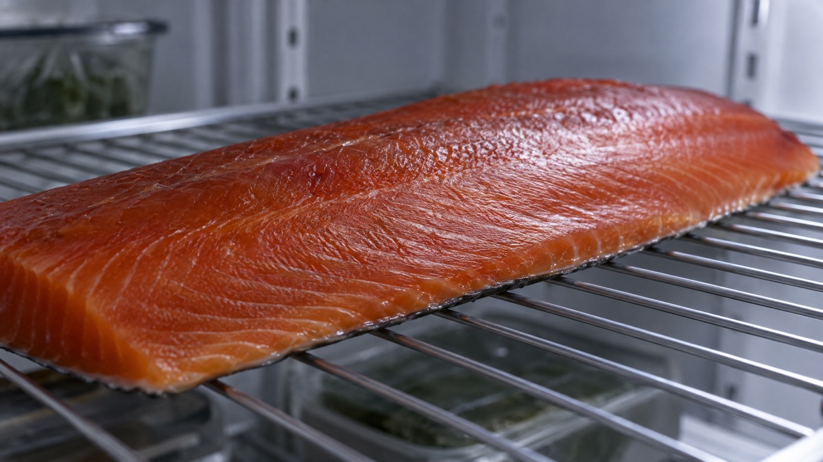 A salmon fillet on a wire rack with a tacky pellicle forming on the surface