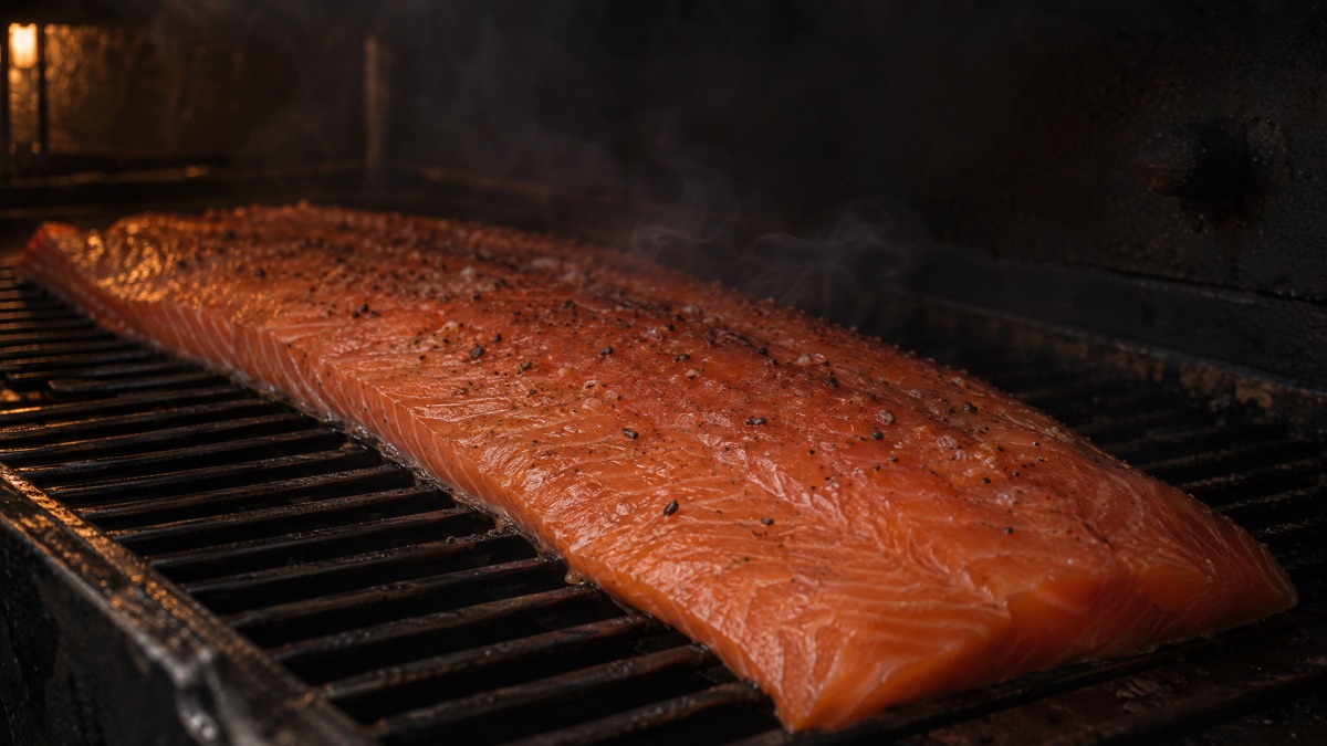 A salmon fillet skin side down on a smoker grate