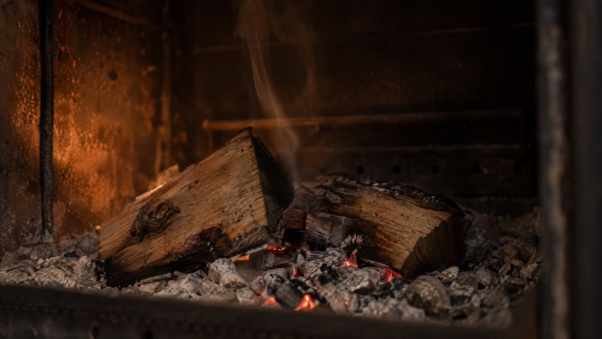 Two small chunks of alder wood beside an open smoker firebox