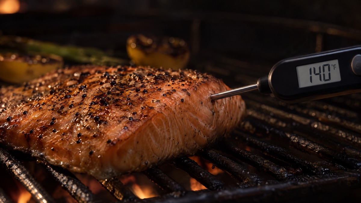 A thermometer probe in the thick end of a salmon fillet reading 140 degrees
