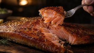 A fork separating flakes of smoked salmon from the fillet