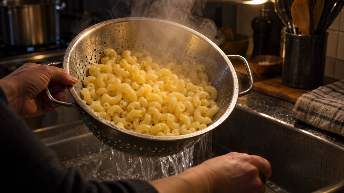Elbow macaroni draining in a colander, still firm and short of done