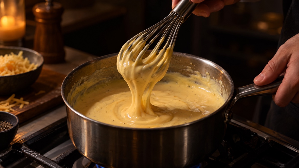 A hand whisking a glossy cheese sauce in a saucepan over low heat