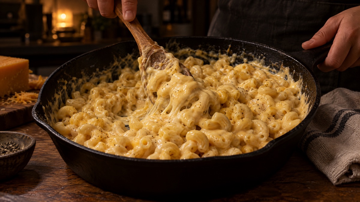 Macaroni and cheese sauce being folded together in a cast iron skillet