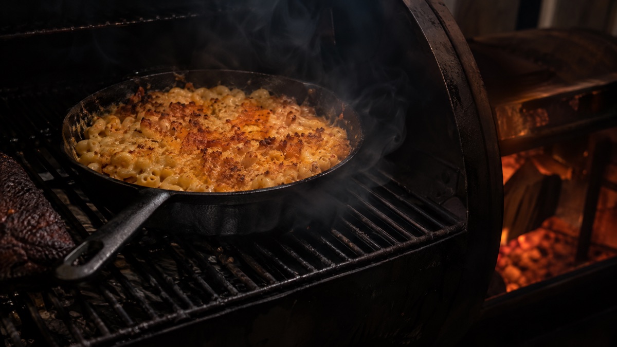 A cast iron skillet of macaroni and cheese on the indirect side of a smoker