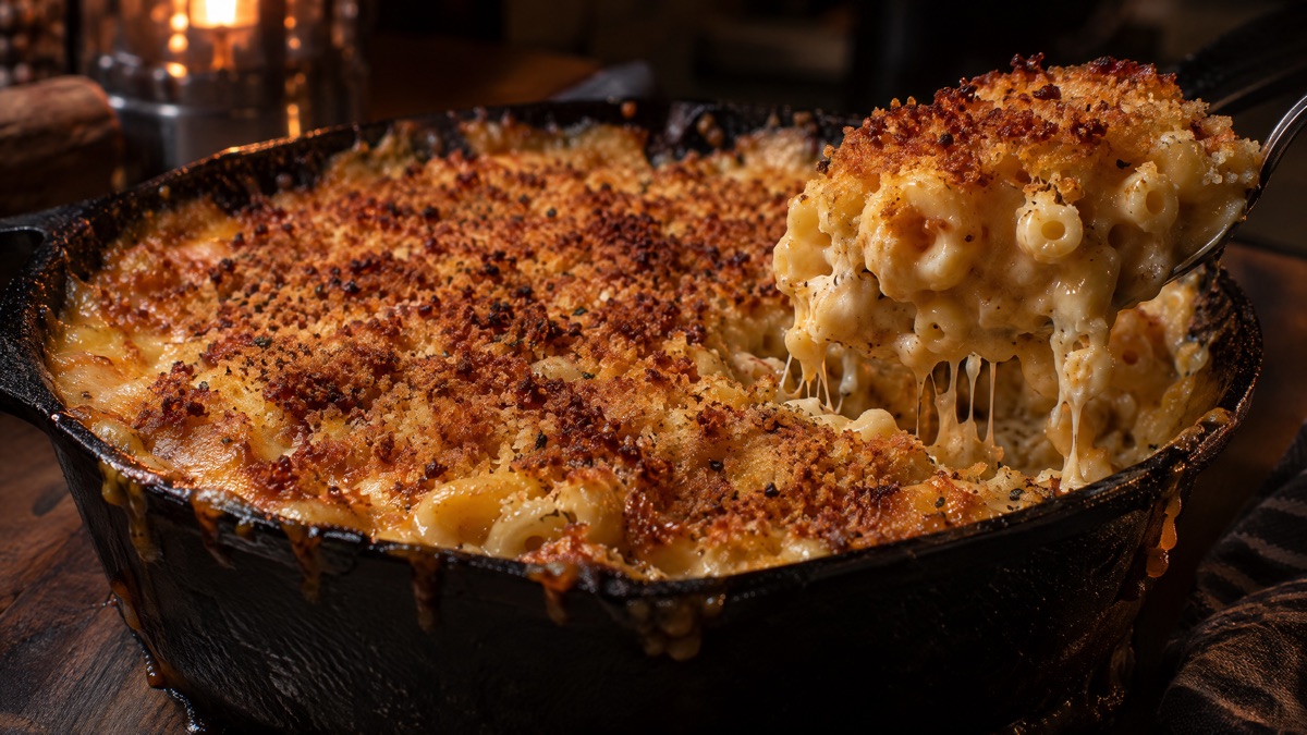 A finished skillet of smoked macaroni and cheese with a browned crumb top bubbling at the edges