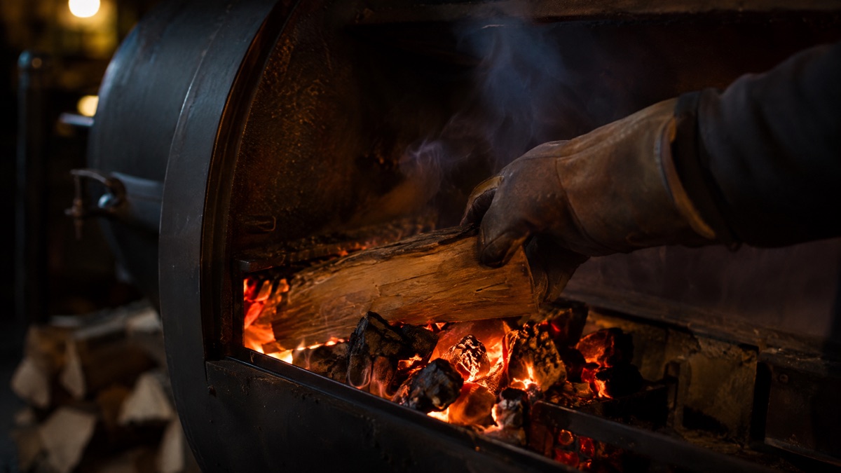 A gloved hand setting a split of hardwood onto glowing coals in a firebox