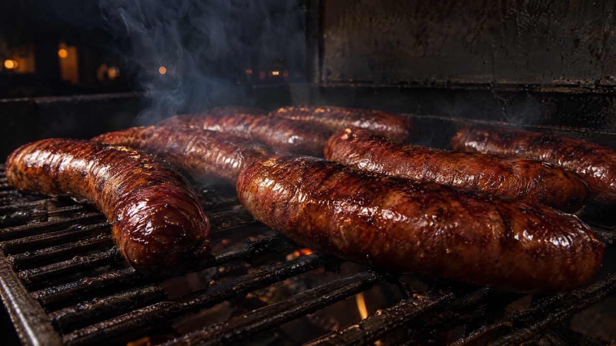 Sausage links on a smoker grate turning deep mahogany with tight casings