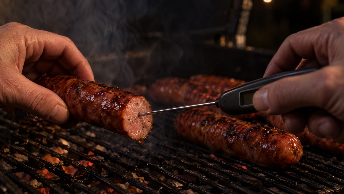 A thermometer probe entering a sausage link from the end at a shallow angle