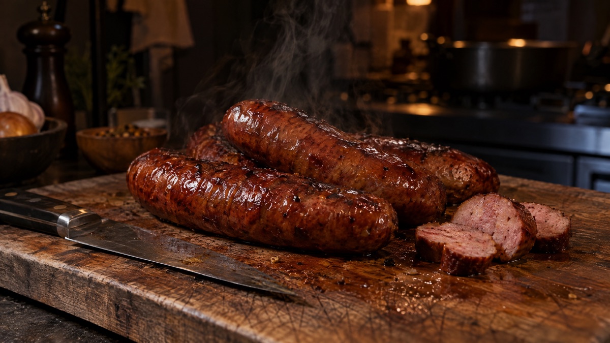 Smoked sausage links resting on a wooden board beside a knife
