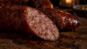 A smoked sausage cut on the bias showing coarse ground meat and a taut casing