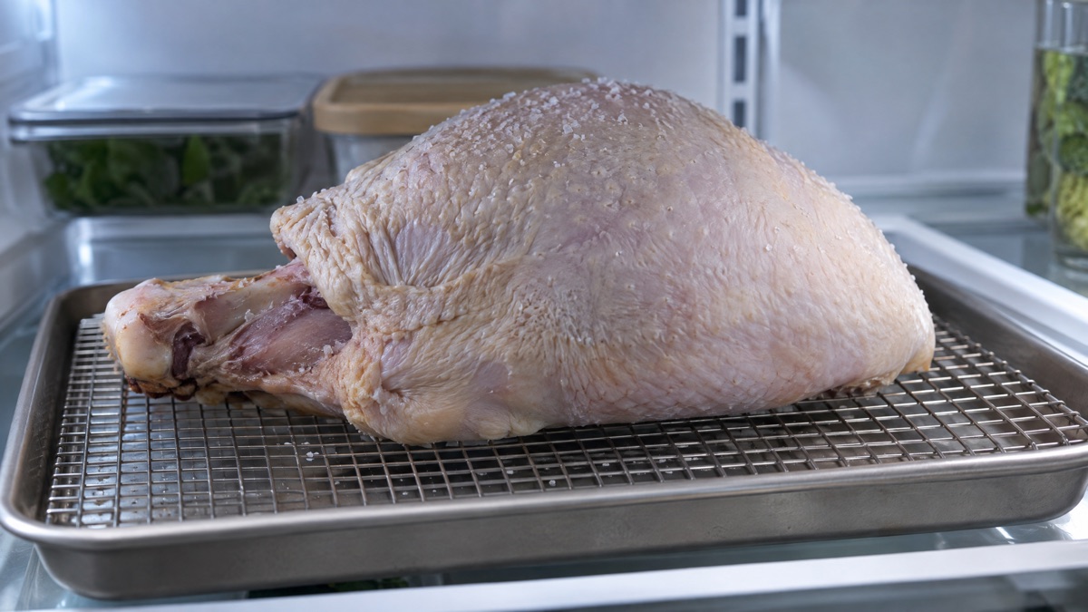 A turkey breast salted and sitting uncovered on a rack in a refrigerator