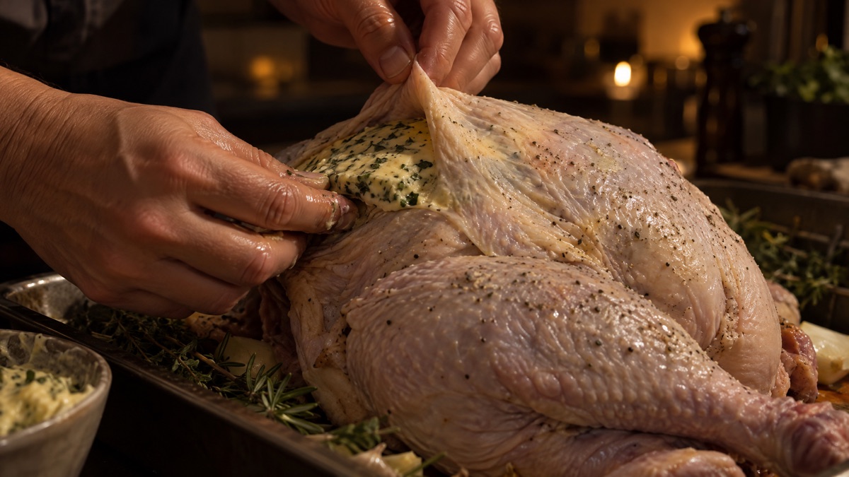 Fingers easing herb butter under the skin of a raw turkey breast