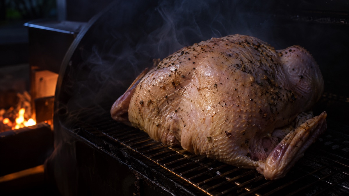 A raw turkey breast set breast side up on a smoker grate