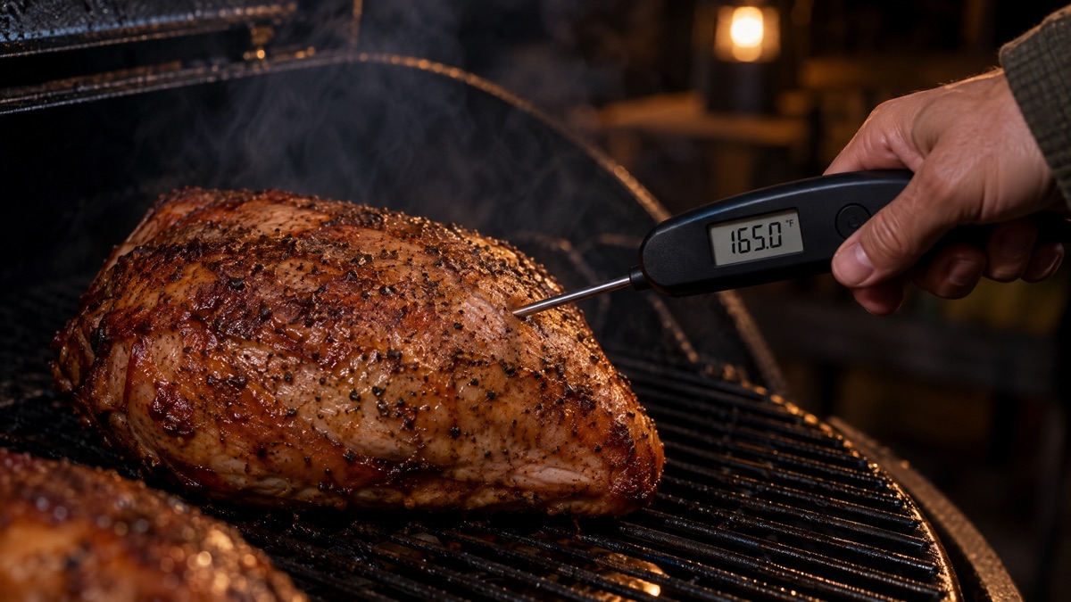 An instant-read thermometer in the thickest part of a smoked turkey breast
