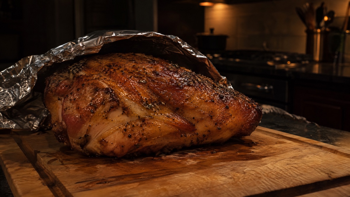 A smoked turkey breast resting on a wooden board under a loose tent of foil