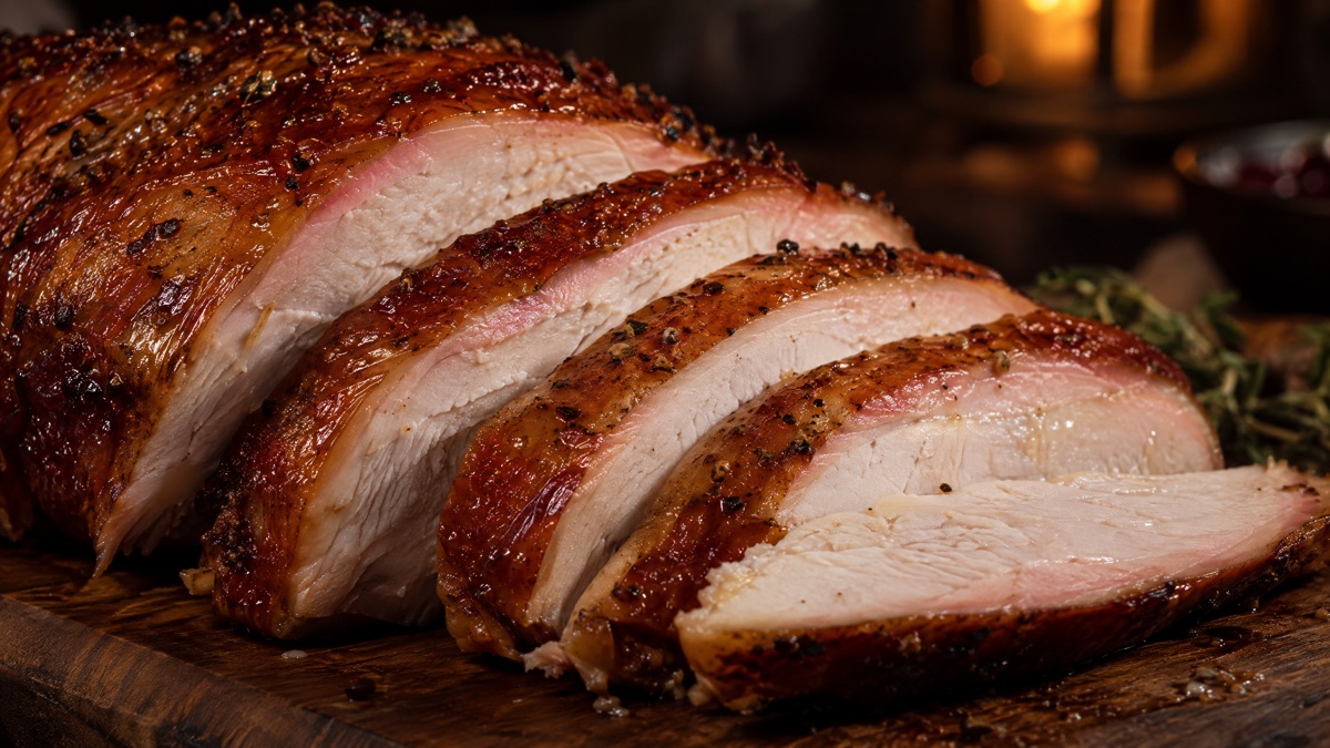 Thick slices of smoked turkey breast on a wooden board showing a thin smoke ring