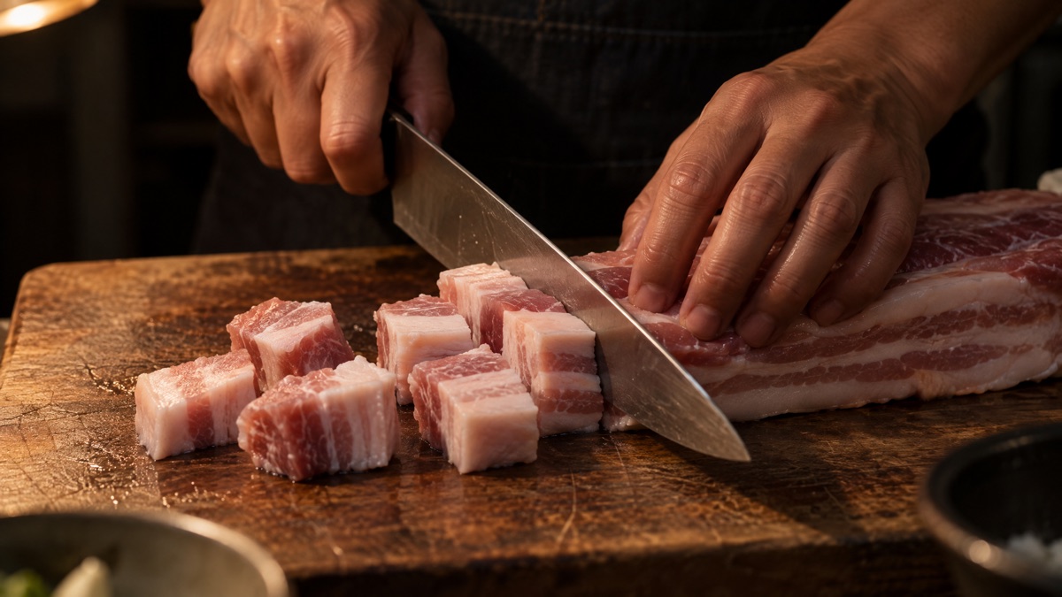 Hands cutting a raw skinless pork belly into cubes with a long knife on a wooden board