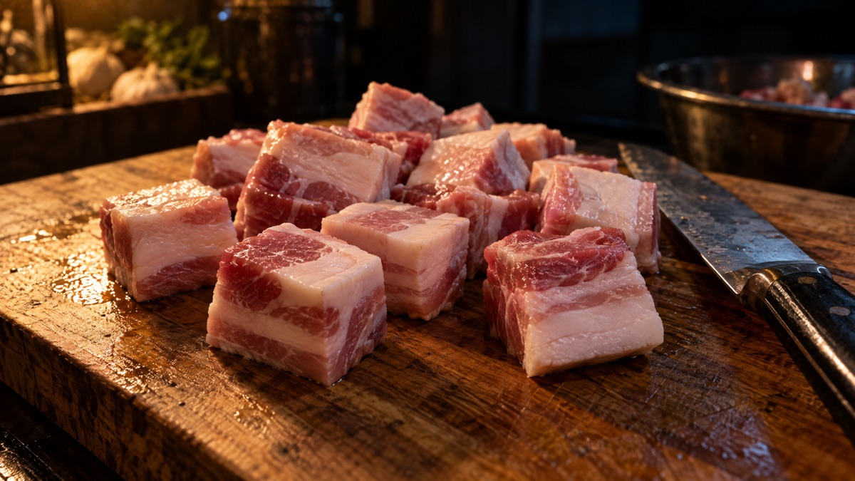 Evenly cut inch-and-a-half cubes of raw pork belly on a cutting board beside a knife