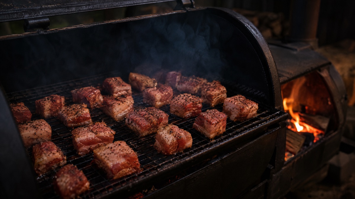 Seasoned raw pork belly cubes spaced in a single layer on a wire rack in a smoker