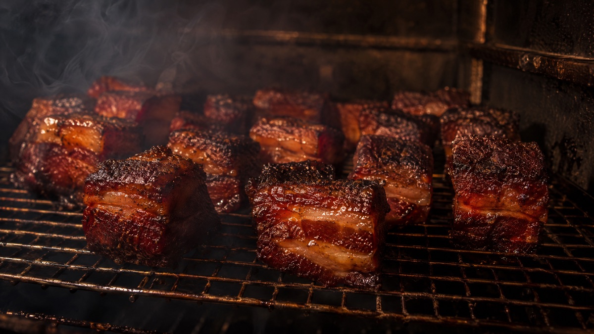 Pork belly cubes on a smoker rack after three hours with dark bark formed on every side
