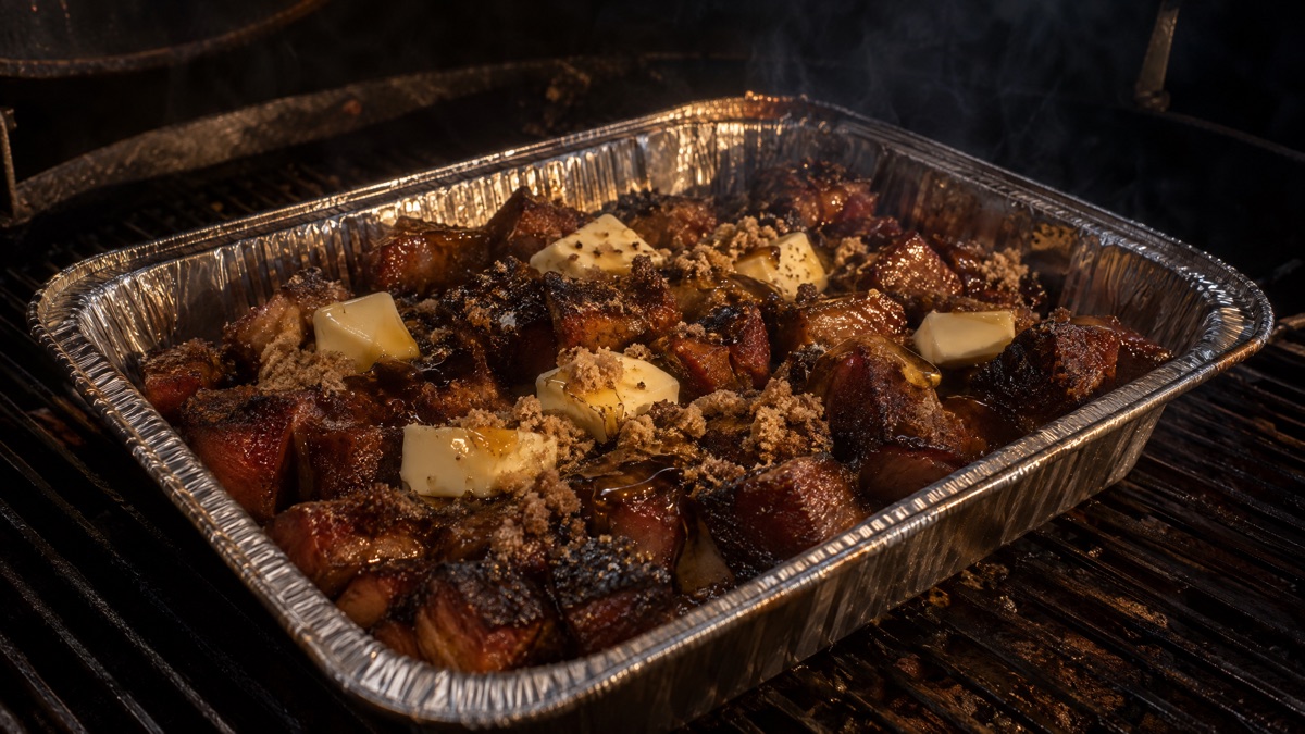 A foil pan of barked pork belly cubes topped with pats of butter, brown sugar and honey