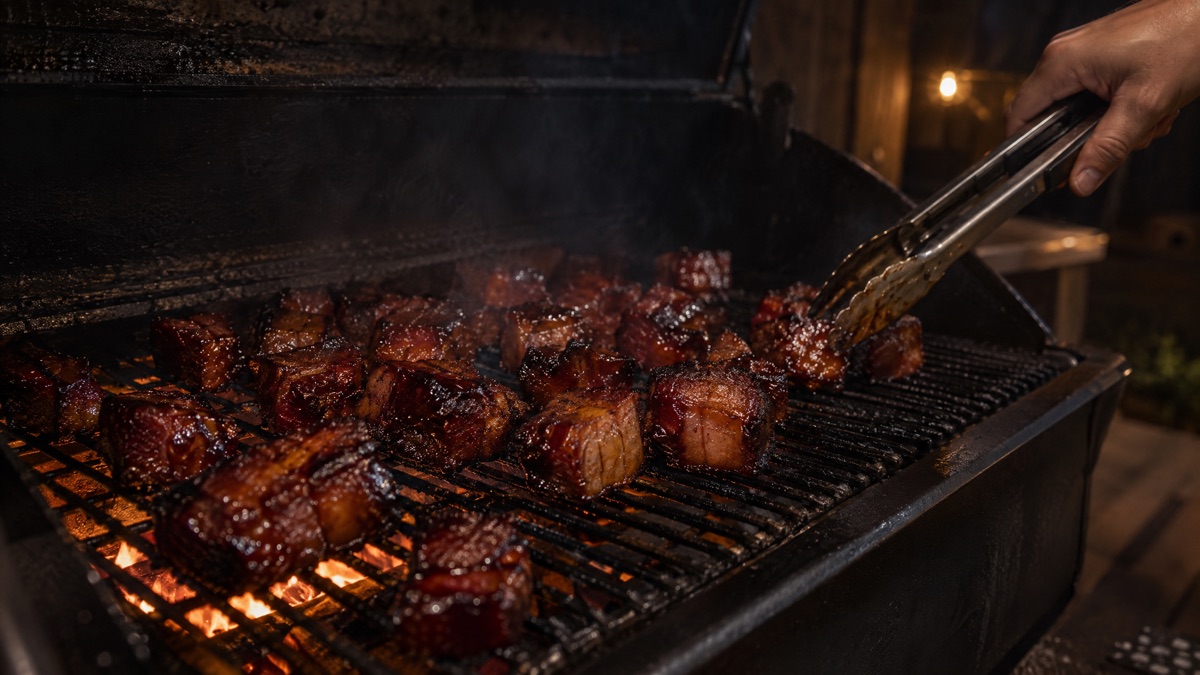 Tongs spreading sauced pork belly cubes back onto a smoker grate to set the glaze