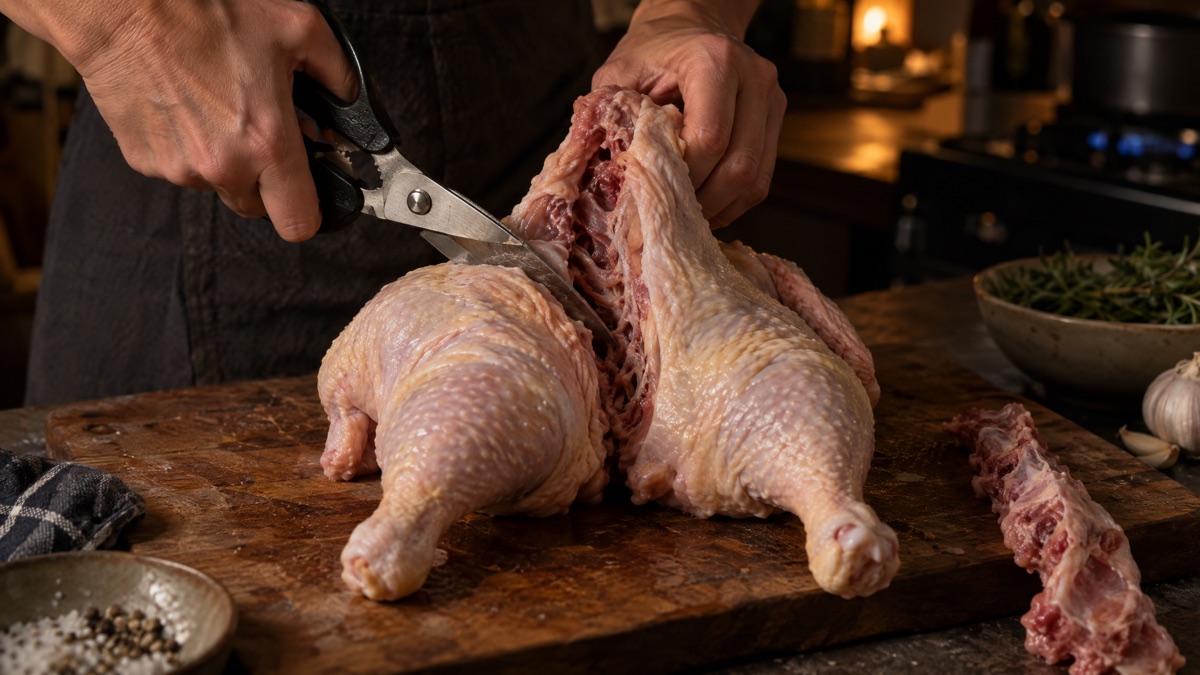 Kitchen shears cutting the backbone out of a whole raw chicken on a board