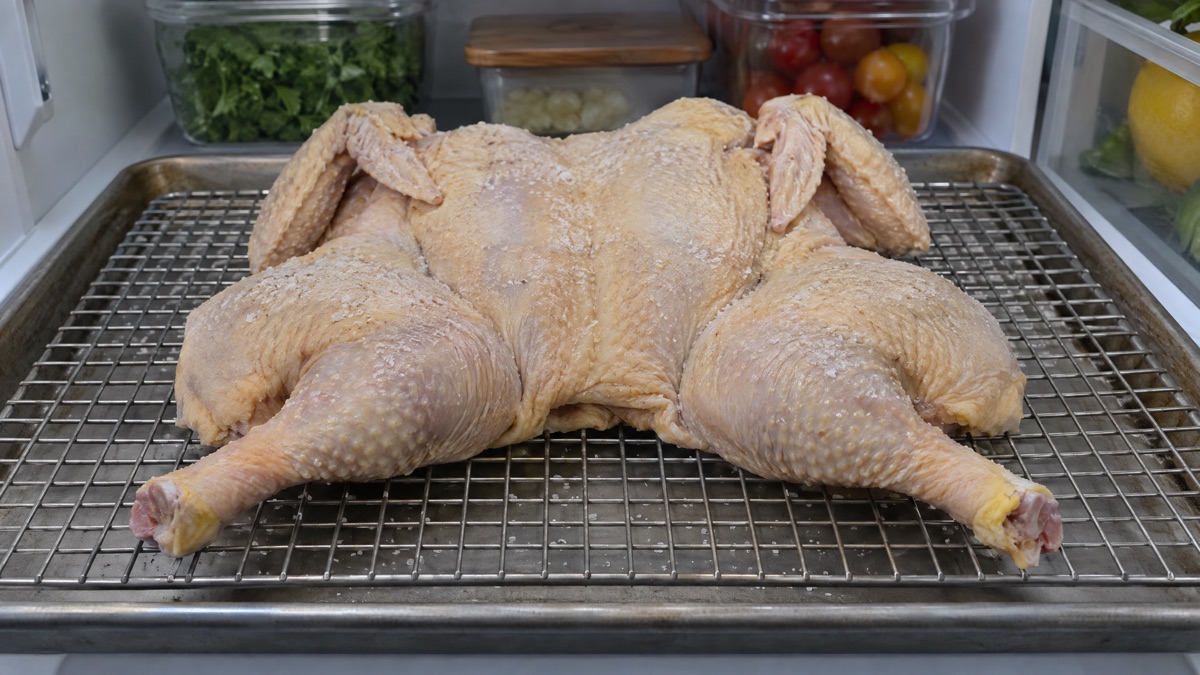 A spatchcocked chicken salted and uncovered on a rack in a refrigerator
