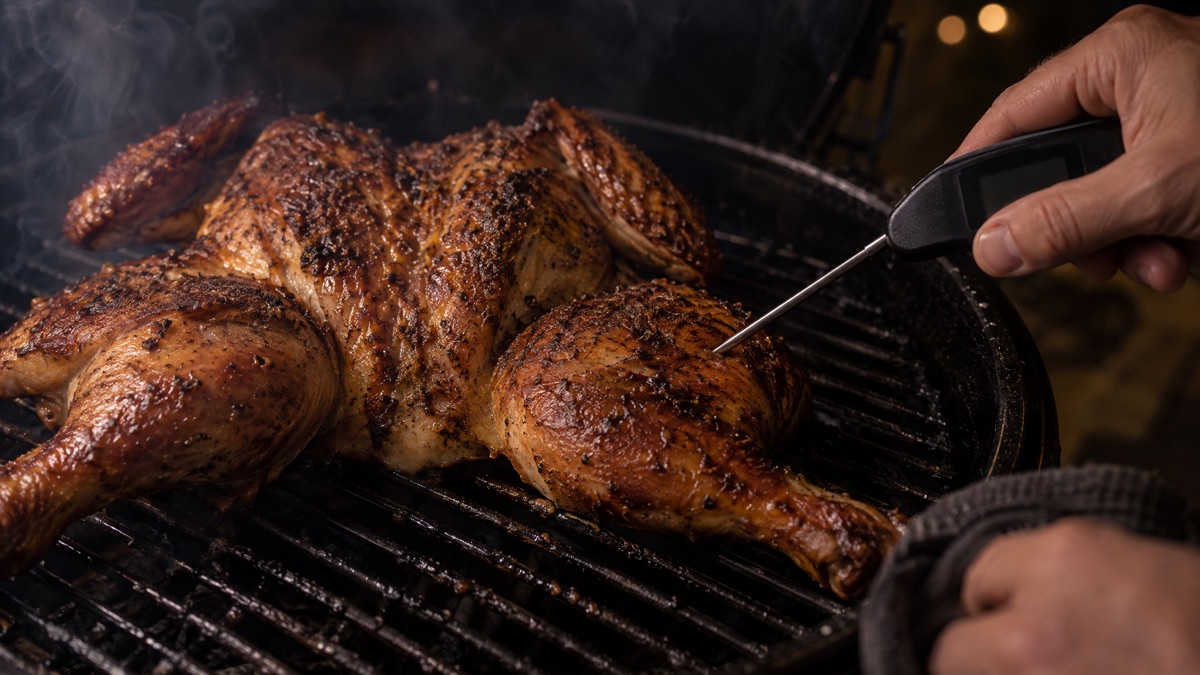 A thermometer probe going into the thigh of a spatchcocked chicken on a smoker