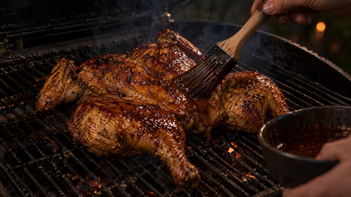 A basting brush laying barbecue sauce over a spatchcocked chicken on a smoker