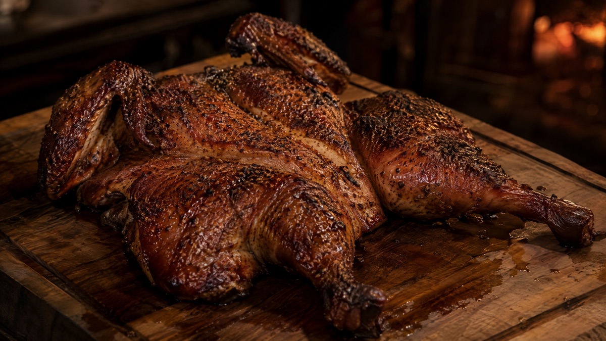 A whole spatchcocked smoked chicken resting on a wooden board with crisp mahogany skin
