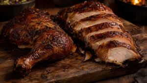 A carved smoked chicken on a board showing crisp skin and juicy meat at the cut