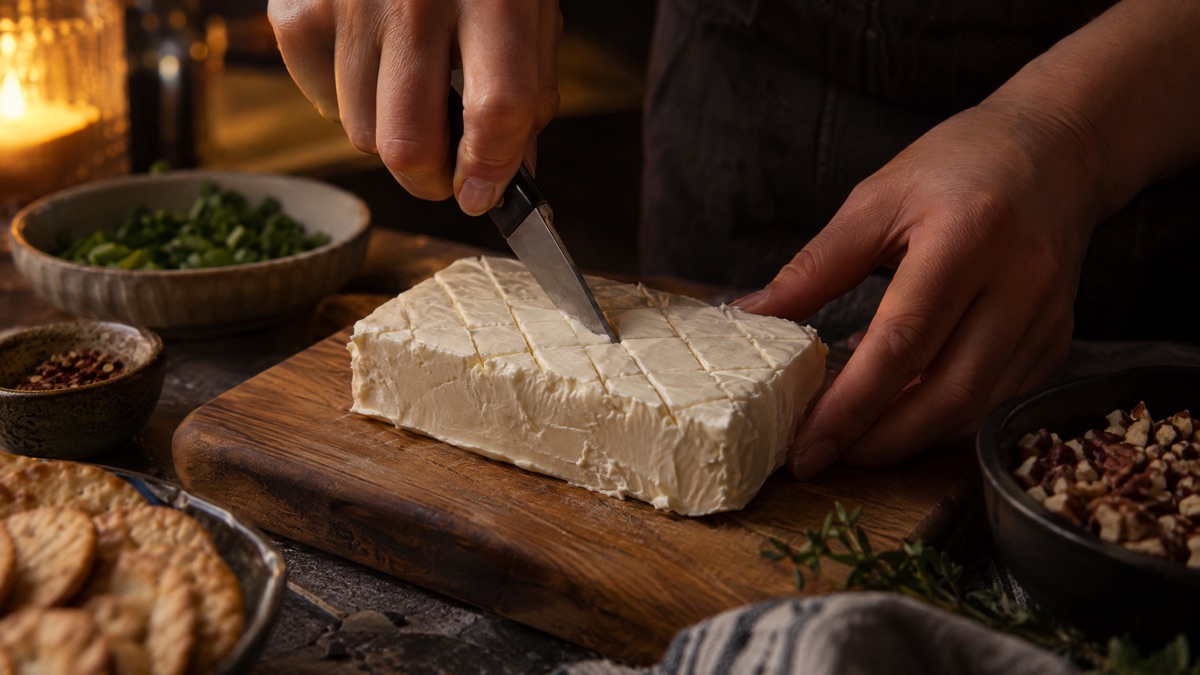 A paring knife scoring a shallow diamond pattern into the top of a block of cream cheese
