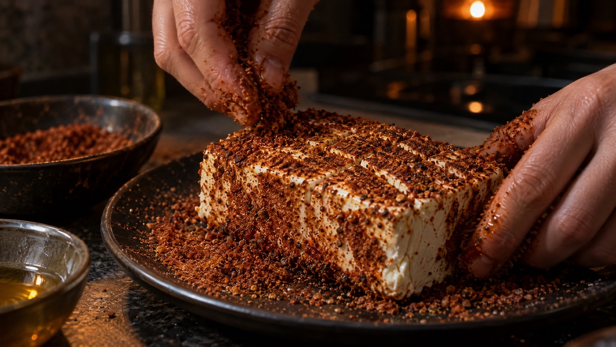 A scored block of cream cheese being coated in dark barbecue rub on every side