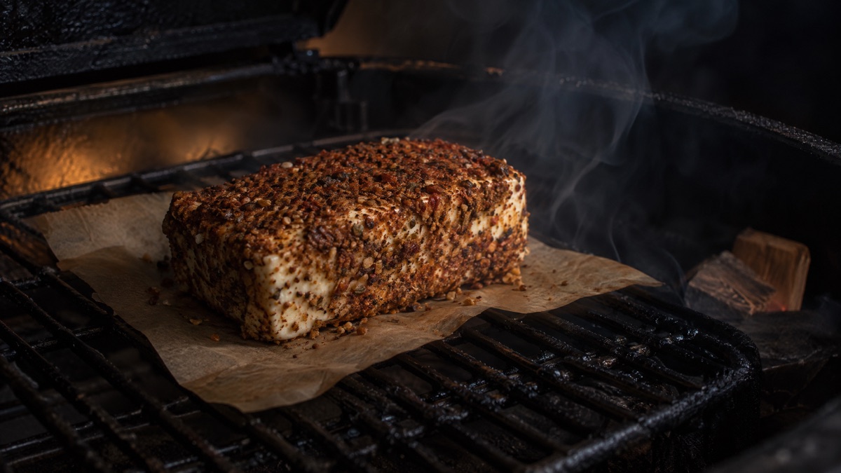 A rub-coated block of cream cheese on parchment on the indirect side of a smoker grate